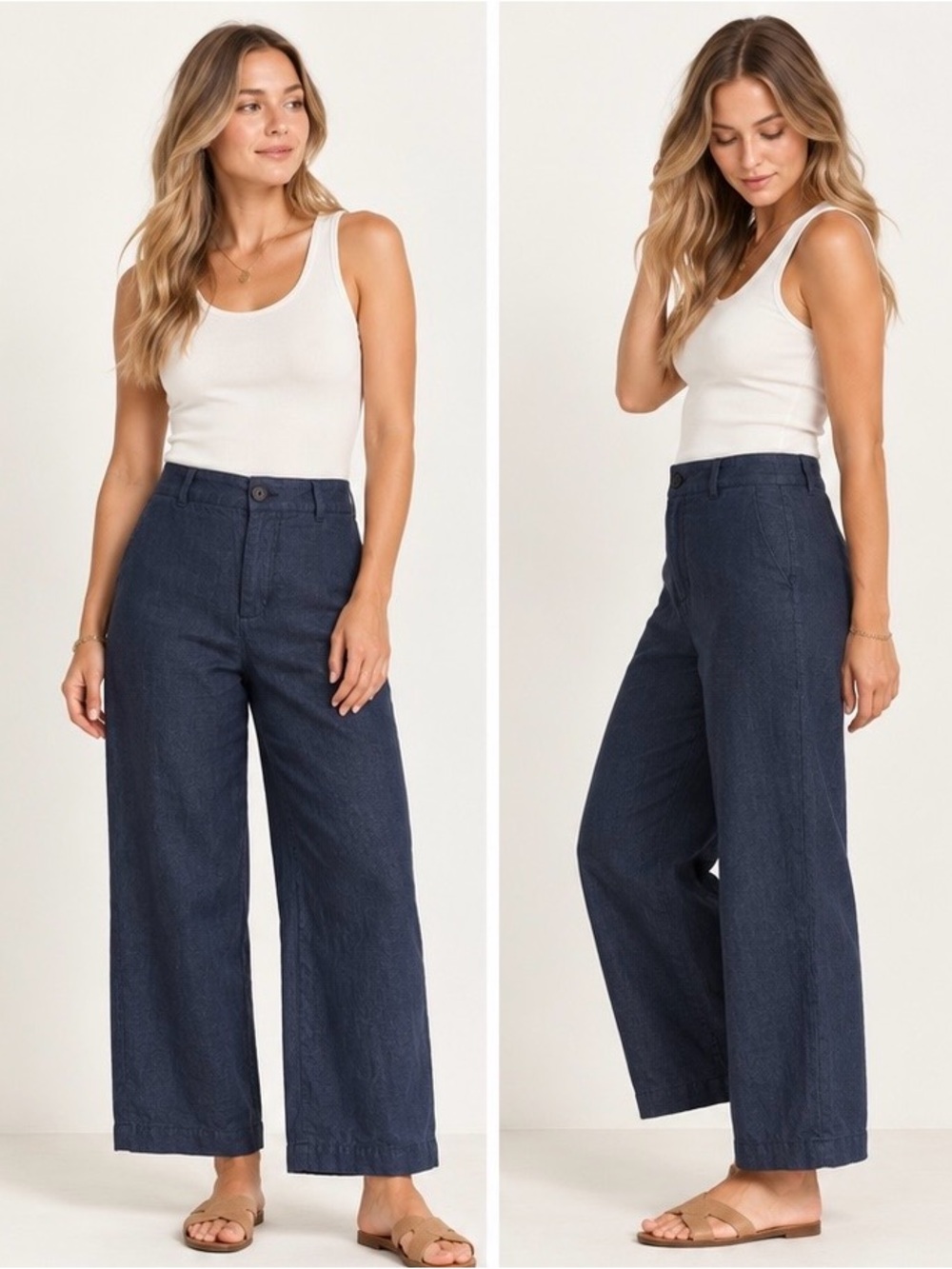 Weekend Max Mara Navy Wide Leg linen blend Cropped Pants  est. Sz 8
